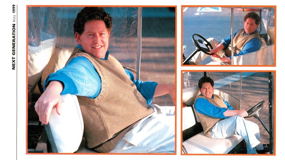 Photos of Bobby Kotick, wearing a sweater vest and lounging in a golf cart.