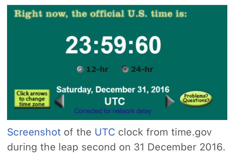 screenshot of the UTC clock from time.gov during the leap second on 31 December 2016. the clock reads 23:59:60