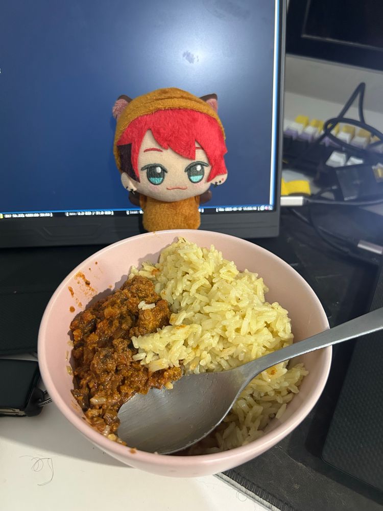 taichi nanao capybara chibigurumi overlooking my bowl of rice and ground beef next to my laptop 