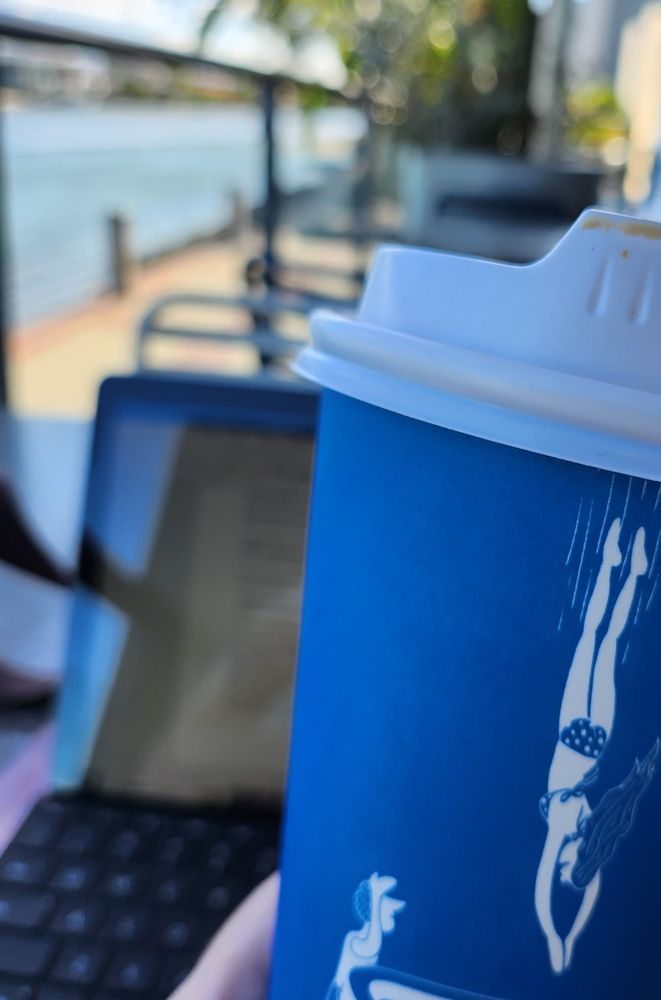 Laptop, coffee, view of the water