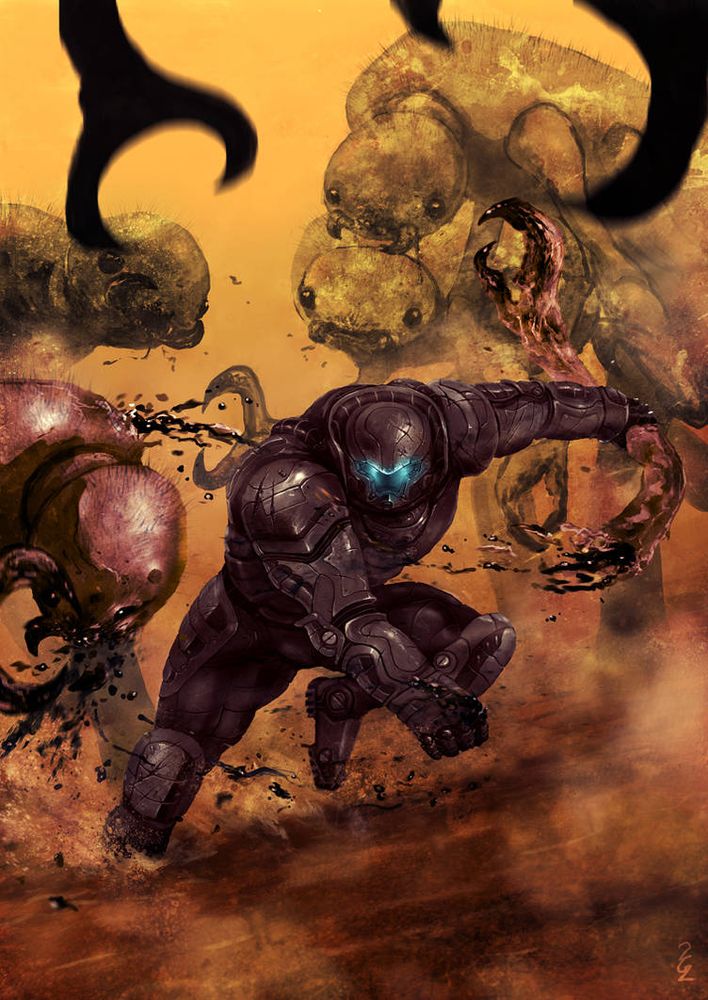 A dude in sick black power armor badassly punches big bug alien things in a very manly way, presumably while dissociating and losing touch with his humanity, trapped in an endless war not of his own design, but that careless and inept powers-that-be forced onto him and his cohorts through their own incompetence.