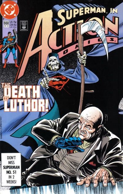 The cover of Action Comics #660 (December 1990), really titled "Superman in Action Comics: The Death of Luthor!"

This cover features a grim reaper with the Superman logo on his chest & a hooded cloak & scythe, with his skull face visible in the hood. He stands menacingly over Lex Luthor & oneskeleton hand points at Lex, who's on the ground looking like he's terrified and trying to crawl away, but still in a snazzy 3-piece suit with matching tie & pocket square. 

