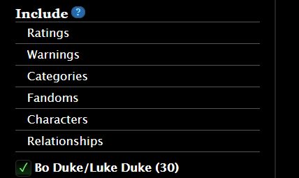 A screenshot of the 'Include' sort on the Dukes of Hazzard tag, limited to Bo Duke/Luke Duke, in which there are 30 works. 