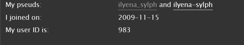 a screenshot of the AO3 profile page with my pseuds, join date, and userid:  ilyena_sylph, 2009-11-15, and 983