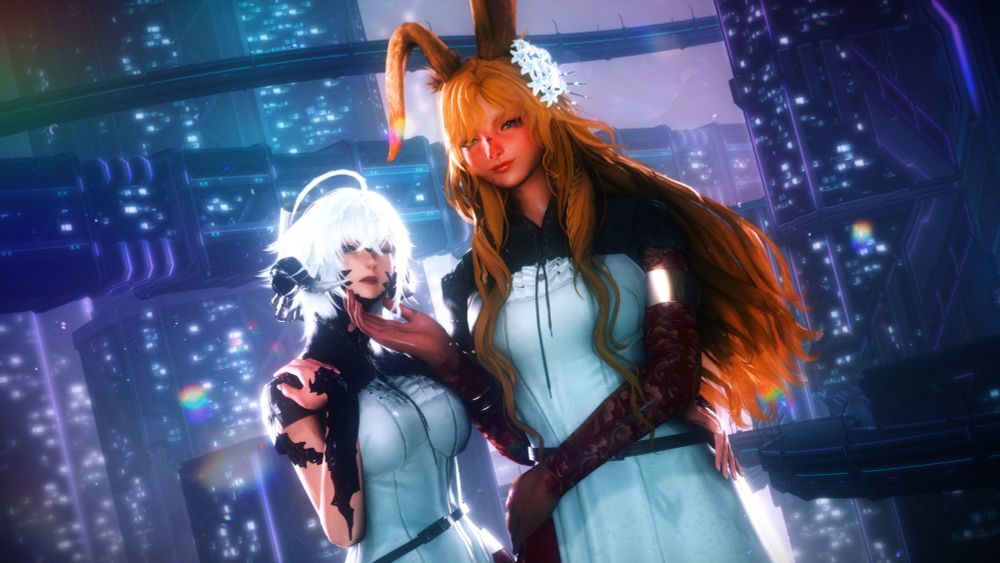 Kaiyle and Kira standing in Solution 9 with a white cityscape. Kira, left, has an arm on their shoulder and around Kaiyle's waist. Kaiyle, right, has one hand around her waist and one at Kira's face. They stand in clothes similar to Devola and Popola from Nier.