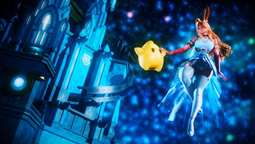 Kaiyle is dressed up as Rosalina in Mare Lamentorum. She is reaching her hand out to a Luma as the structure on the moon stands behind her. 