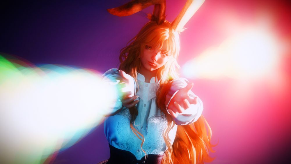 Kaiyle stands in front of you, outstretching her arms. She is wearing a white top with red corset. A sun beam shines through from NE to SW. 