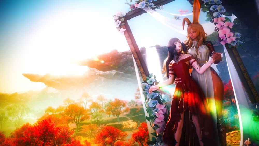 Kaiyle is wearing white. She walks with Hitsumo who is wearing red. Behind them lies an open door frame. The glow of the sun washes over them with a view of the horizon behind. 