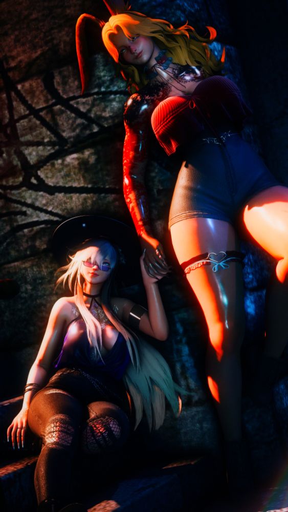 Azzi, left, is sitting on the stairs of a building. She is wearing a purple top, black jeans and a hat. Kaiyle, right, is leaning against the side wearing black shorts and a red top. The town hold hands as the glow of an open door hits them. 