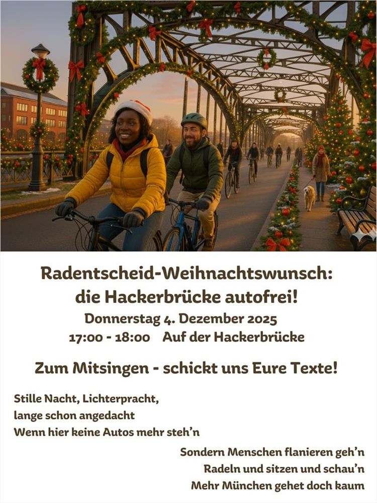 Glückliche Menschen radeln und spazieren ohne Autos auf der Hackerbrücke, die weihnachtlich geschmückt ist. 