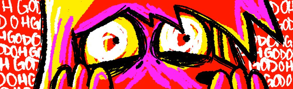 The user’s sona, freaking out with their paws up to their face. A repeating string of “oh god”s are seen on the background.