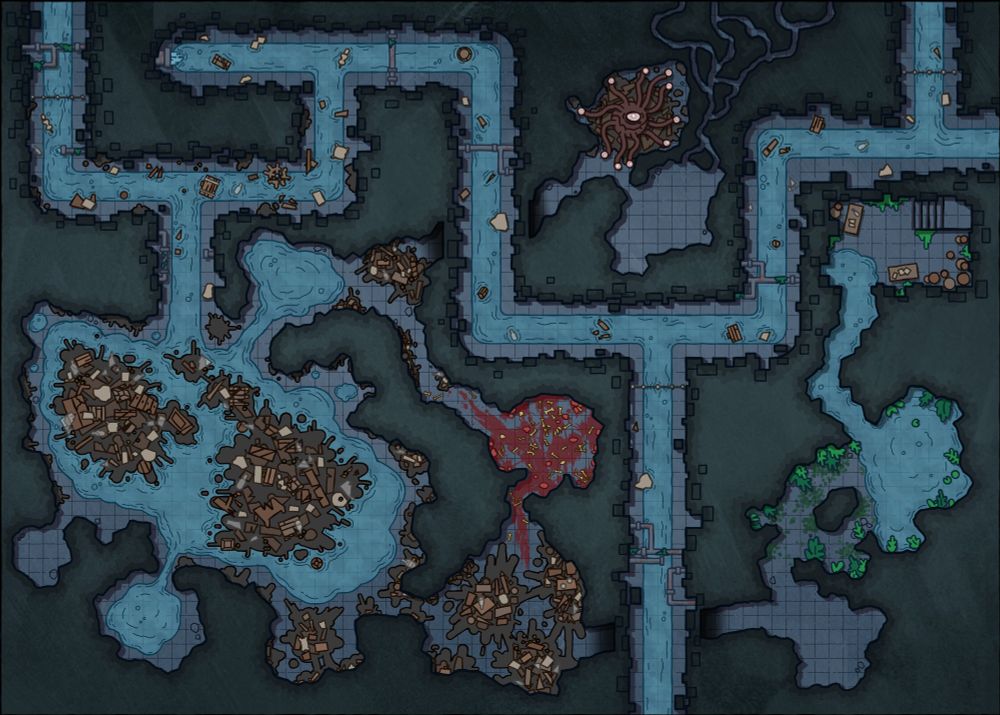 A D&D map of a trash-filled sewer.