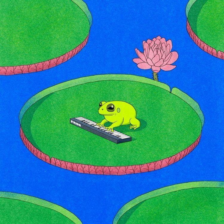 small green frog on a lillypad playing a keyboard floating in bluuuuue water with a pink lotus flower behind