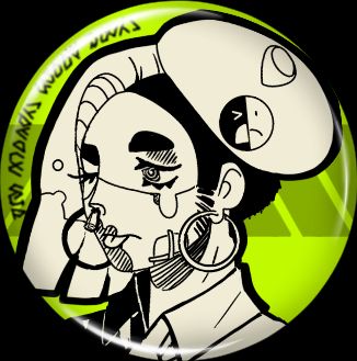 arms 2nd party crash badge of Acryl after losing a Party crash. They have a bandage on their jaw, a black eye, and a roll of tissue paper up their nose presumably to prevent bleeding. They're looking away sadly and one eye is closed, and they're sticking their tongue out in disgust. Their tie is loosened, and the pin on their badge is now half a frowny face and half a squeal of anguish. The background of the badge is lime green.