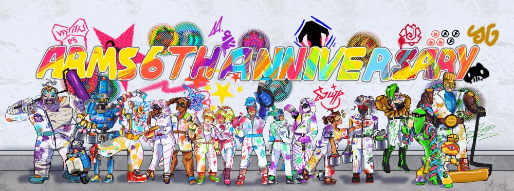 Art piece depicting every ARMS character in front of a painted mural that reads 'ARMS 6th anniversary'. they're all in white coveralls for painting and have a bunch of brushes and paint buckets and whatnot.