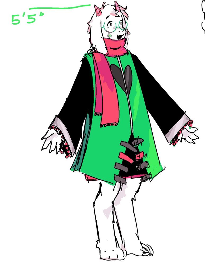 fullbody drawing of my interpretation of ralsei from deltarune. he's wearing a black dress with pink shorts under, and the sleeves of the dress have pink pom-poms. he's wearing a green sleeveless coat on top and his signature pink scarf that also ends with pink pom-poms. his glasses have a jade gemstone attached to them.