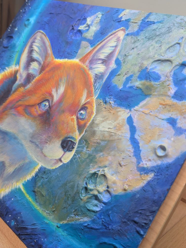 Detail shot of above fox painting showing the pawprints in the texture of the paint. 