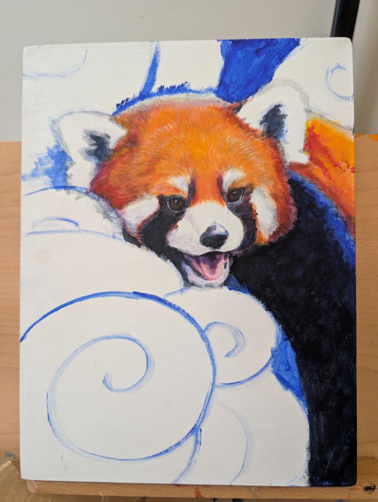 An unfinished acrylic painting of a red panda in progress with blue outlined swirls in the unfinished area.