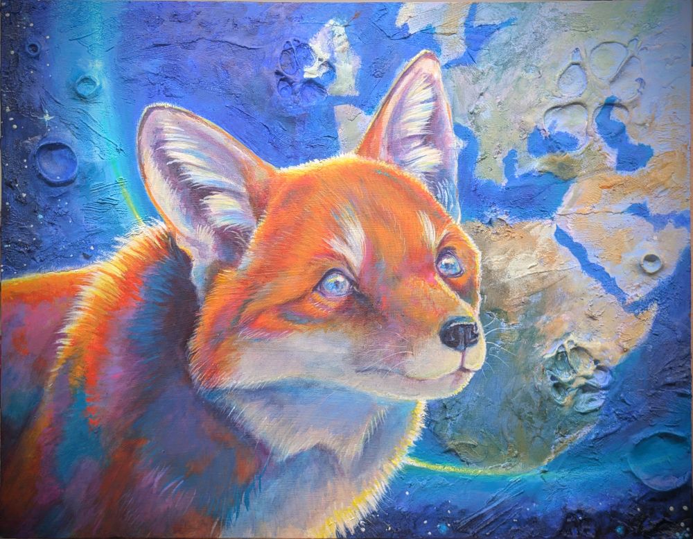 A colorful acrylic painting of a red fox portrait with part of the Earth and stars. In the texture of the paint are pawprints and moon craters. 