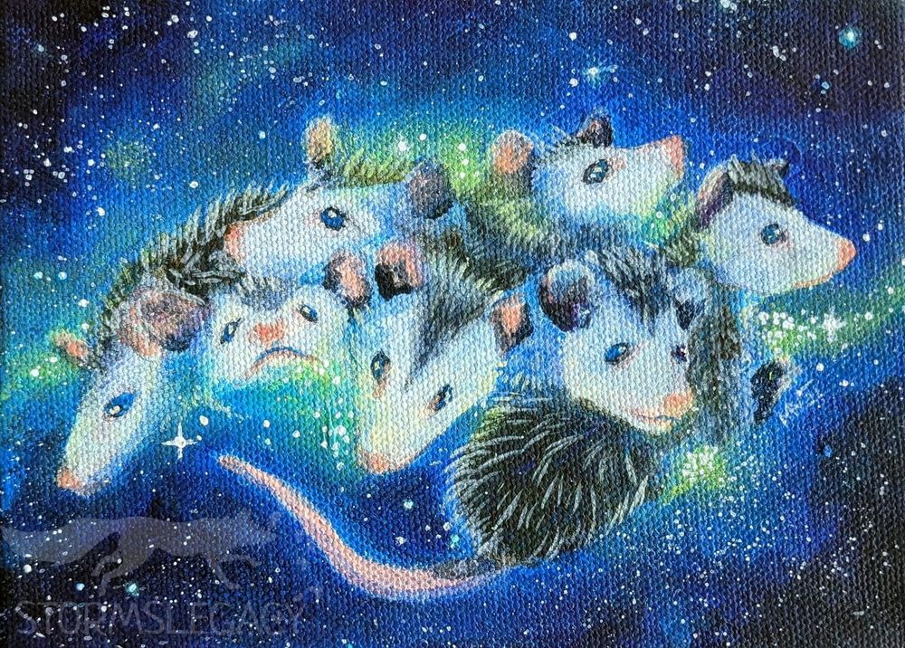 An acrylic painting of a galaxy with a bunch of baby possums cradled in the galaxy. The mood is bright and surreal. 