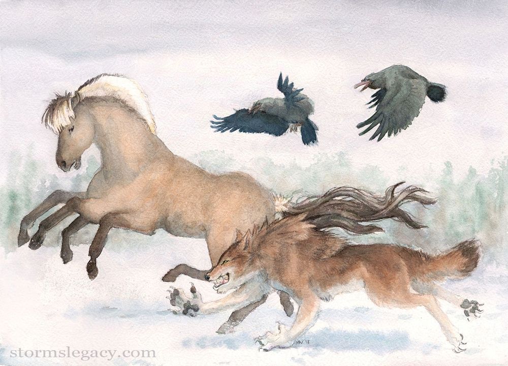 A watercolor painting of a winter scene. In it sleipnir the 8 legged horse is racing against a red werewolf in wolf form. Following close behind are two ravens. Sleipnir is depicted as a buckskin Norwegian Fjord pony. 