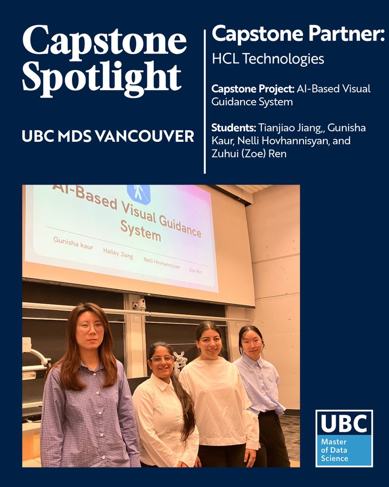 A quartet of students in front of a classroom with a screen above them that has the opening slide of their presentation.