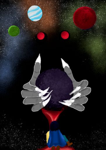 A pair of grey hands with white claws holds a bleeding, dark planet. A man in a blue cape kneels in the blood while holding a blonde woman. They are facing the hands. Two red eyes stare piercingly at the audience and are set against a backdrop of three planets inside of three different colored nebulae. 