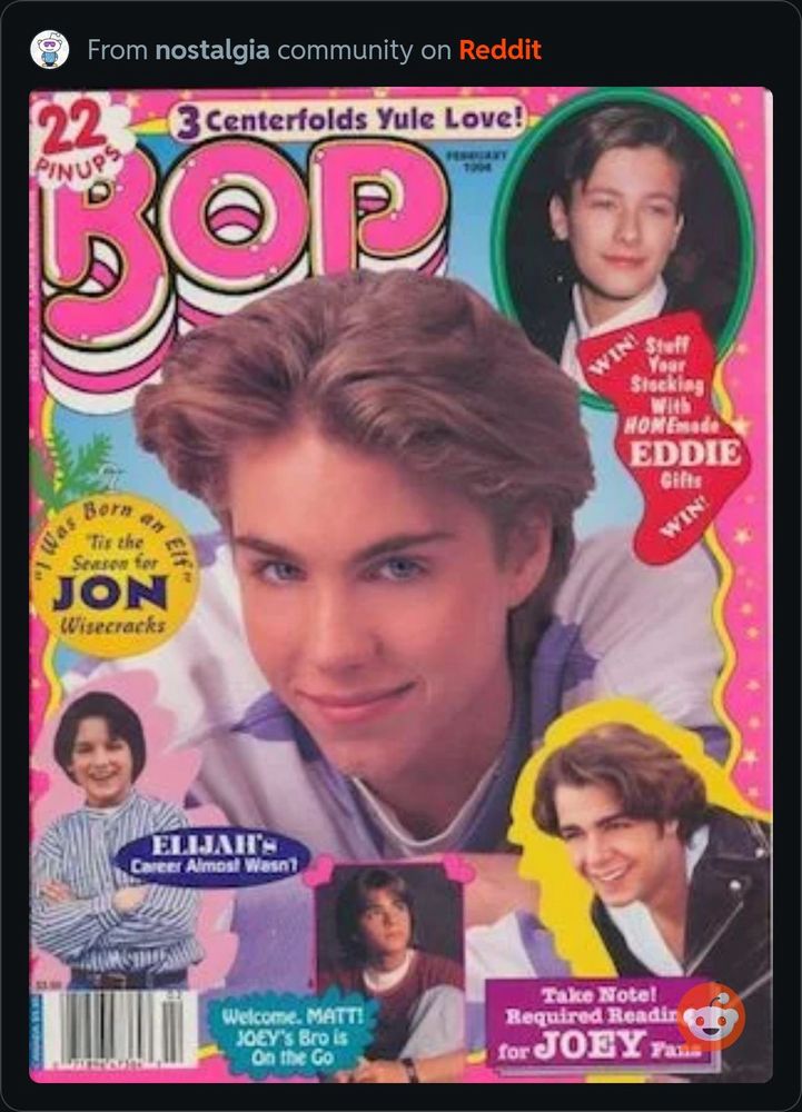 Bop magazine cover from February 1994, featuring Jonathan Brandis, Elijah Wood, Matthew and Joey Lawrence, and Edward Furlong