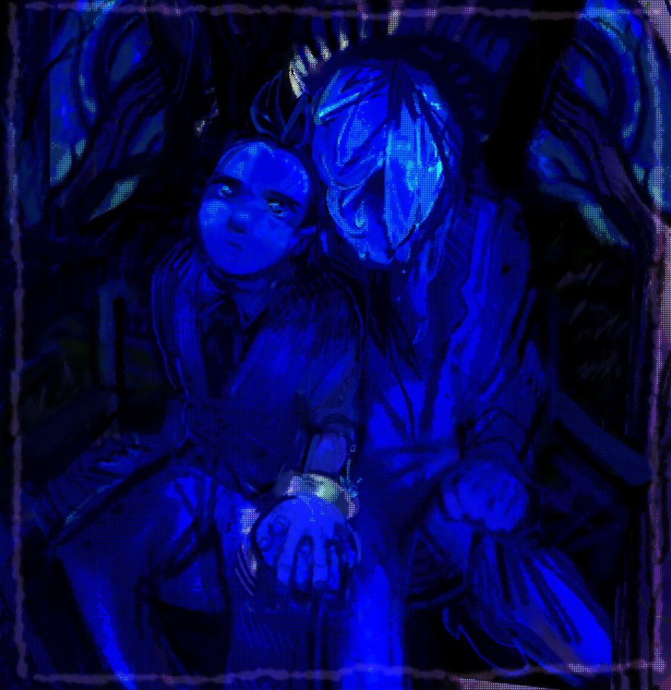 the drawing is mostly a saturated blue against
a stark black forest, inside people park. klavier and apollo sit together on a bench with their hands clenched and interlaced. klavier has stopped trying to keep it together, hes hunched over and gripping his thigh as fat tears cascade down. apollo is a solid weight against him. hes tipped his head back just under klaviers head and stares resolutely up at the sky, doing what he can to give klavier a moment of privacy.