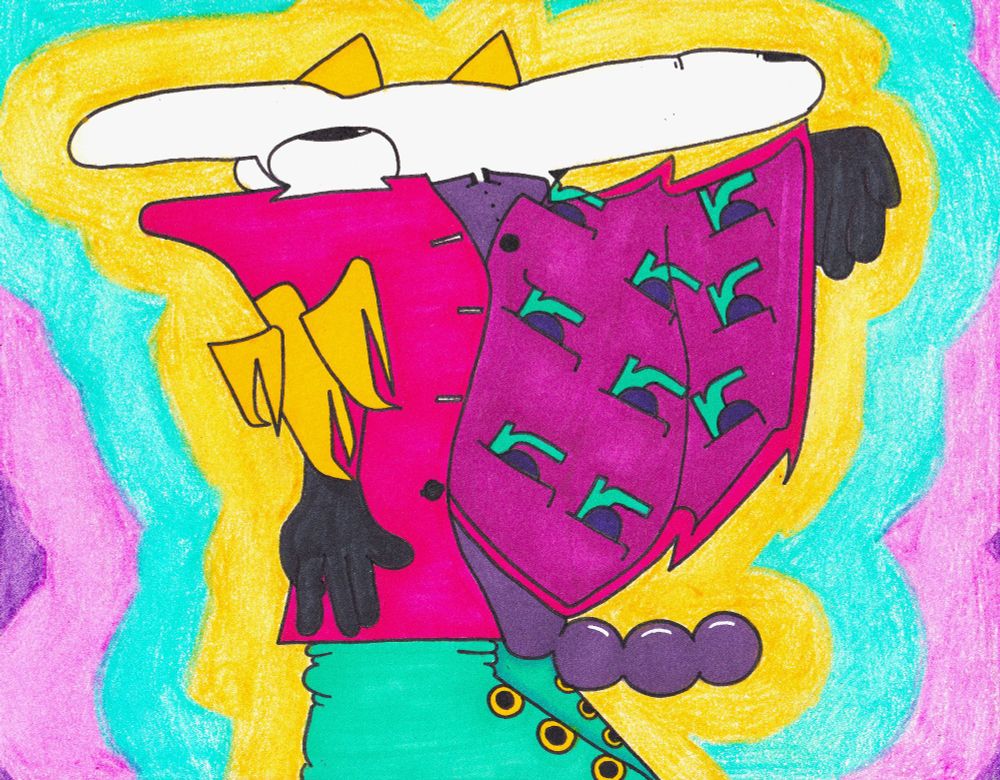 An abstracted figure in a trenchcoat, with his coat lining filled with sunglasses. He has a very long face and is looking to the sky. A bulbous purple snake-like object is peaking out from between his angular cyan shoes.