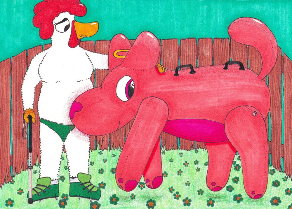A chicken furry is standing in a brightly coloured, fenced-in garden. She is using a cane. Her free hand is resting on the neck of a big, coral pink pooltoy critter. The critter has a little halo above it's head, and is hovering off the ground.