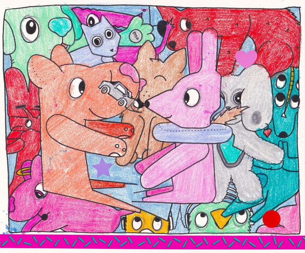A pile of colourful toys! This is a collection of ink drawings of various animal-shaped toys, which have been hastily coloured in with crayon and decorated with stickers.