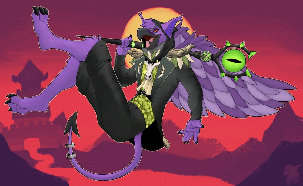 A purple, anthropormic Darigan Eyrie Neopet wearing a black/green Wizard 101 outfit and staff.
