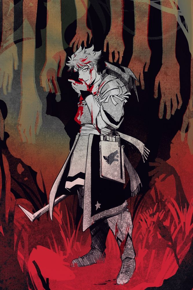 Limited palete and black&white halftone combo of Nikita looking at you in the dark woods with his many cool and totally not creepy hands