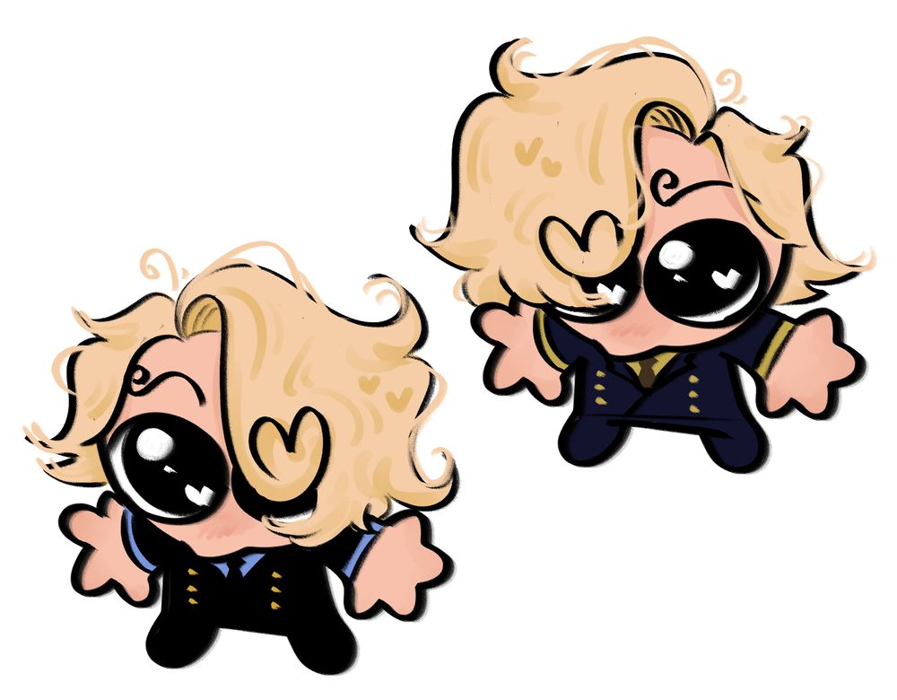 Digital art of two sanjis from one piece (one pre timeskip, one post) in a very chibi style, with big eyes looking up at the viewer. They have heart shaped shines in their eyes