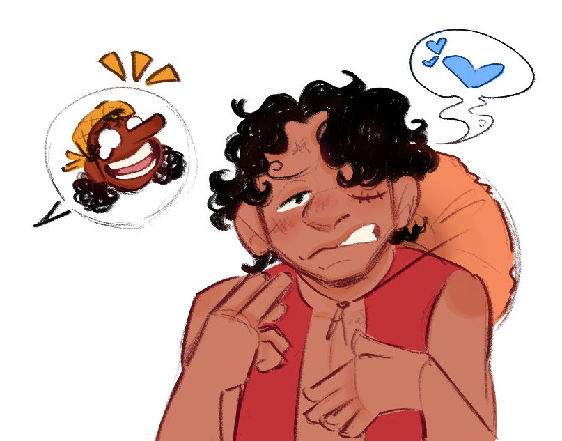 Digital art of Luffy from One Piece (pre timeskip) imitating Sanji, with his hair over one eye and hs eyebrow curled, mimicking holding a cigarette. There is a speech bubble from off screen showing Usopp (pre timeskip) laughing