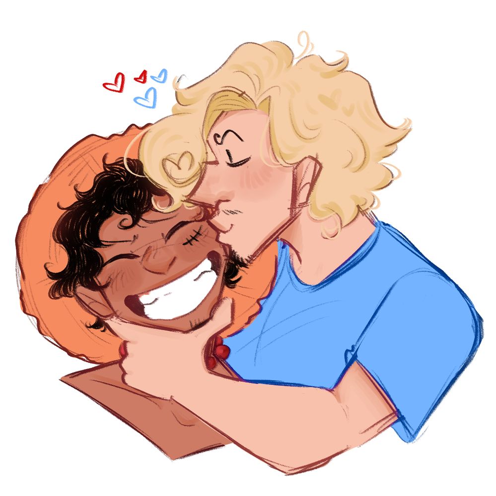 Digital art of Sanji amd Luffy from One Piece (post timeskip). Liffy grins widey as Sanji kisses his cheek.