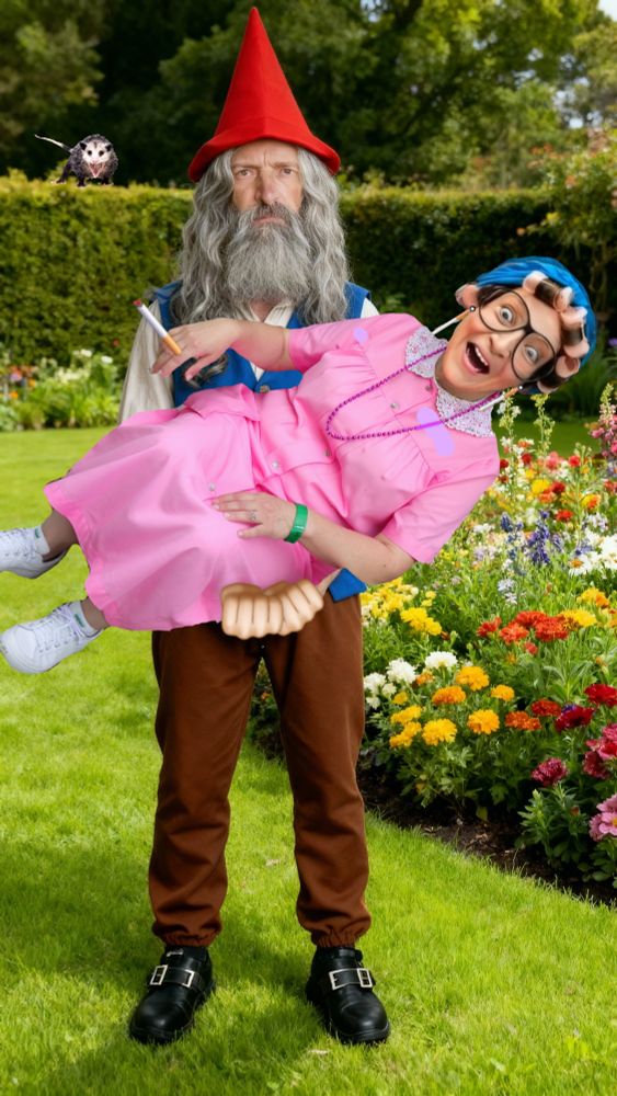 Fuqqed up garden gnome holding hottie 