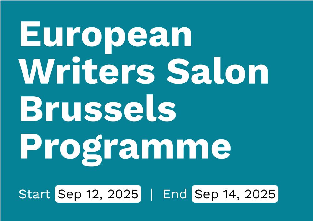 Blue-green background with words European Writers Salon Brussels Programme Start Sep 12, 2025 End Sep 14, 2025