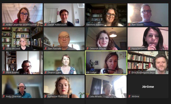 Screen grab of online salon with around 15 absolutely enthralled writers