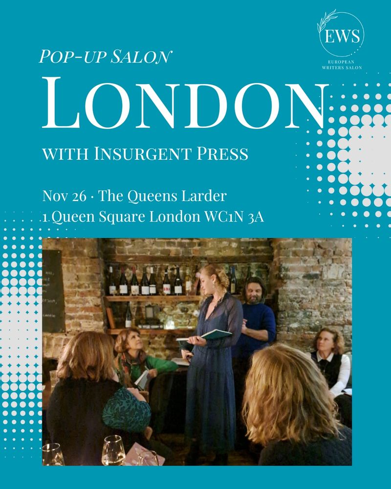 White text on a teal background repeated the event details listed here, with a picture from a previous salon in London. Against an exposed brick wall, a woman with blond hair looks down at another woman, holding a notebook. Mark Bowles is in the background and tables of writers watch her read.