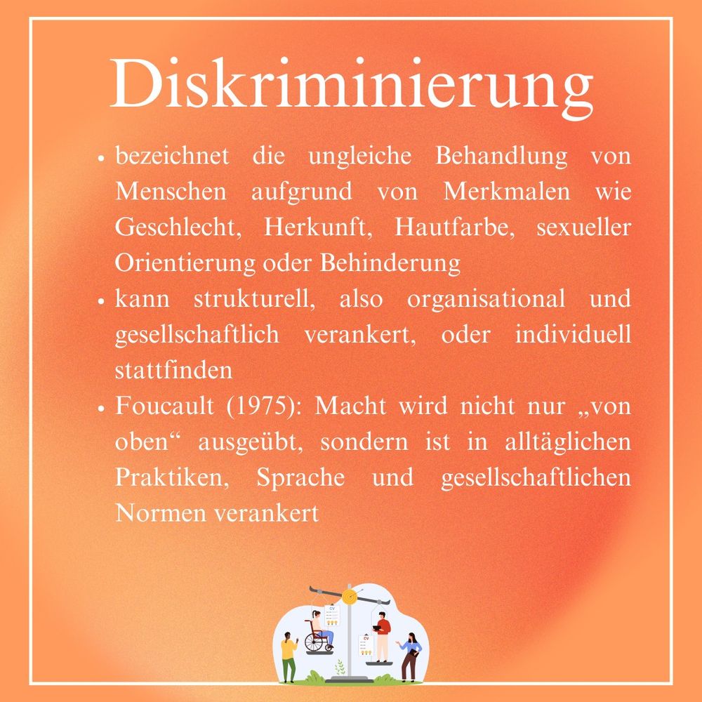 Diskriminierung
- bezeichnet die ungleiche Behandlung von
Menschen aufgrund von Merkmalen wie
Geschlecht, Herkunft, Hautfarbe, sexueller
Orientierung oder Behinderung
- kann strukturell, also organisational und
gesellschaftlich verankert, oder individuell
stattfinden
- Foucault (1975): Macht wird nicht nur ,,von
oben" ausgeübt, sondern ist in alltäglichen
Praktiken, Sprache und gesellschaftlichen
Normen verankert