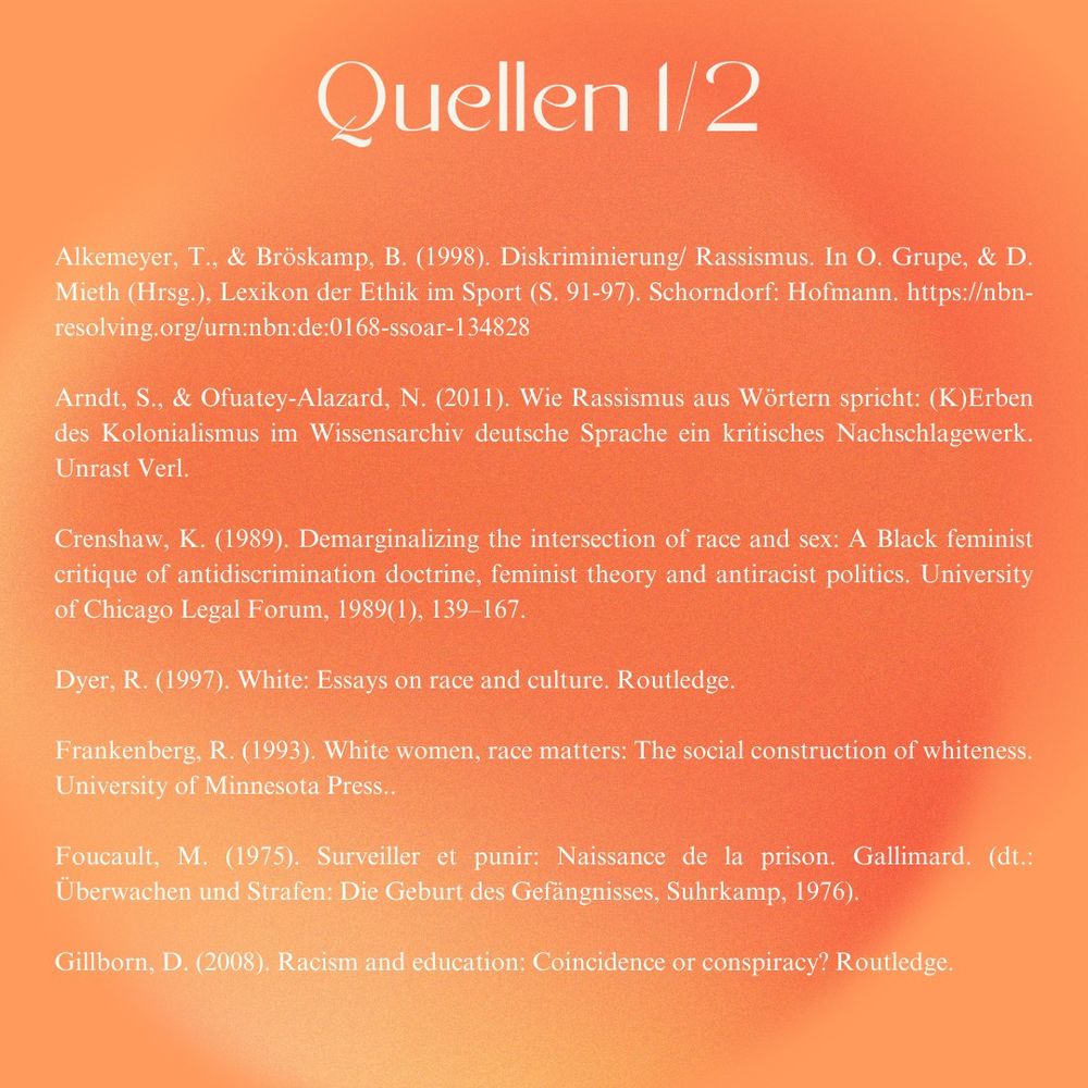 Quellen:

Alkemeyer, T., & Bröskamp, B. (1998). Diskriminierung/ Rassismus. In O. Grupe, & D. Mieth (Hrsg.), Lexikon der Ethik im Sport (S. 91-97). Schorndorf: Hofmann. https://nbn-resolving.org/urn:nbn:de:0168-ssoar-134828

Arndt, S., & Ofuatey-Alazard, N. (2011). Wie Rassismus aus Wörtern spricht: (K)Erben des Kolonialismus im Wissensarchiv deutsche Sprache ein kritisches Nachschlagewerk. Unrast Verl.

Crenshaw, K. (1989). Demarginalizing the intersection of race and sex: A Black feminist critique of antidiscrimination doctrine, feminist theory and antiracist politics. University of Chicago Legal Forum, 1989(1), 139–167.

Dyer, R. (1997). White: Essays on race and culture. Routledge.

Frankenberg, R. (1993). White women, race matters: The social construction of whiteness. University of Minnesota Press..

Foucault, M. (1975). Surveiller et punir: Naissance de la prison. Gallimard. (dt.: Überwachen und Strafen: Die Geburt des Gefängnisses, Suhrkamp, 1976).

Gillborn, D. (2008). Racism and education: Coincidence or conspiracy? Routledge.