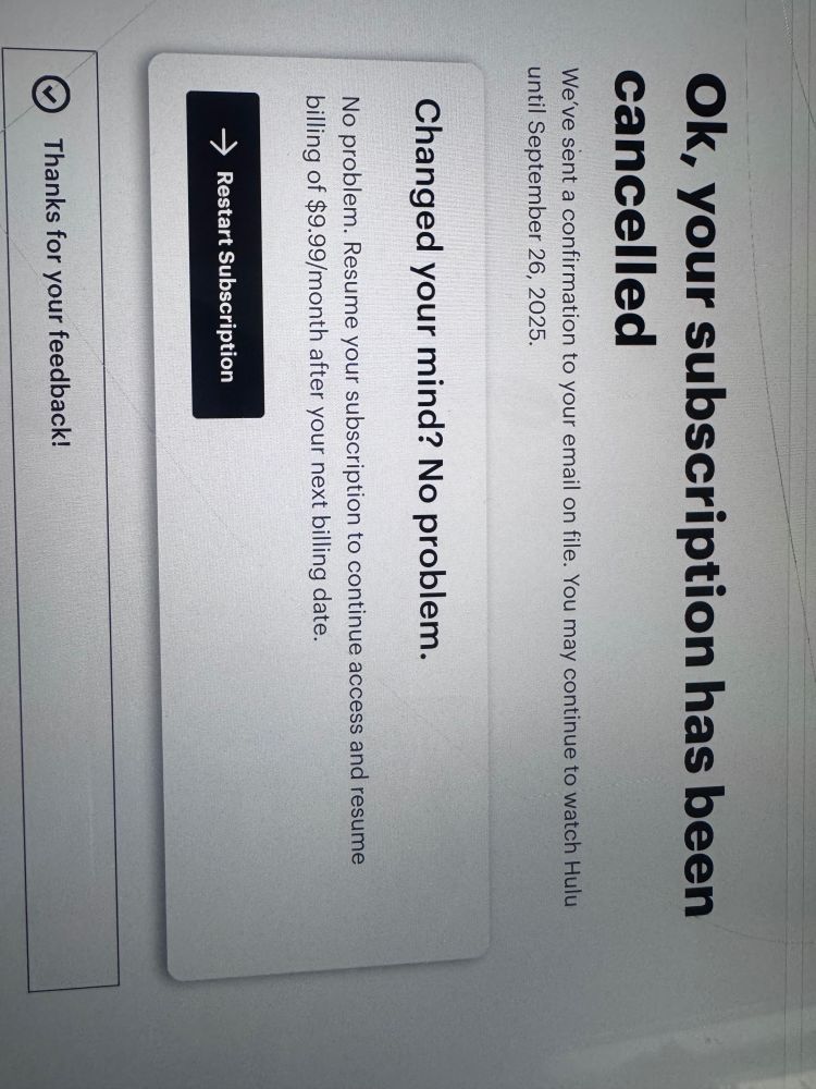 Picture of cancelled subscription to Disney (specifically Hulu) after their suspension of jimmy Kimmel