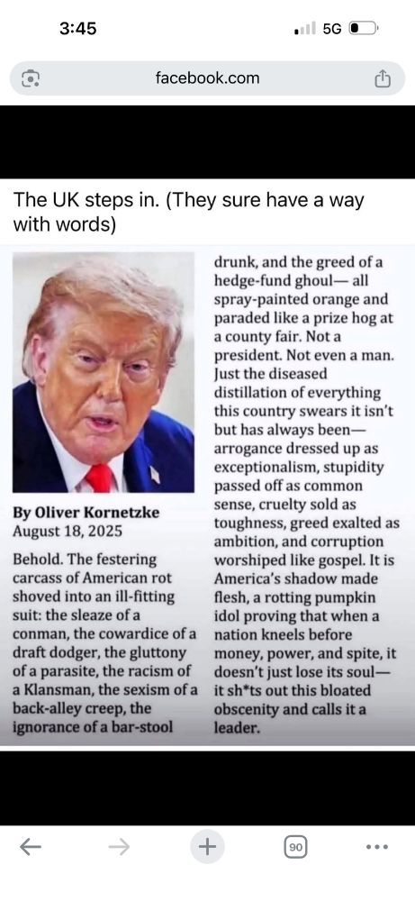 Screenshot of article written by British writer Oliver Kornetzke describing in vivid terms the US President Trump