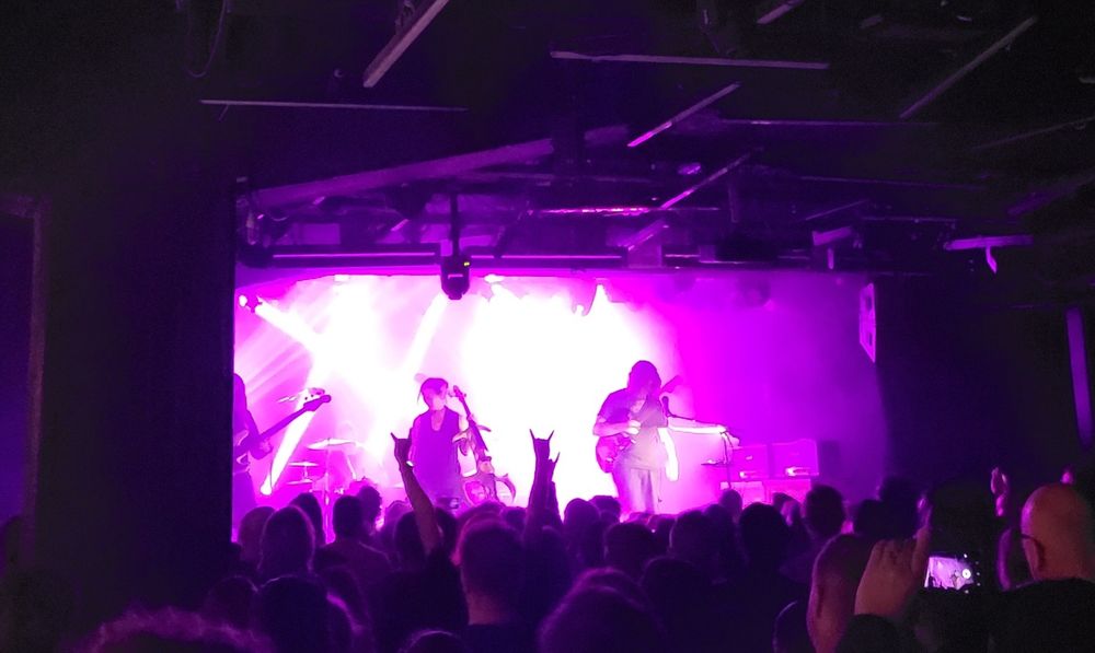 En scen på håll. Publik framför scenen, en fullsatt liten lokal. Bandet är siluetter mot rosa ljus.