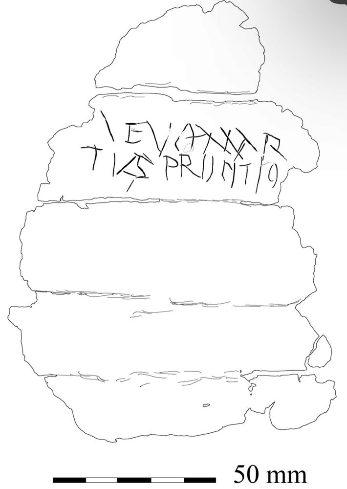 Drawing of the outside of the tablet by RSO Tomlin - only a couple of lines of Roman cursive are visible 