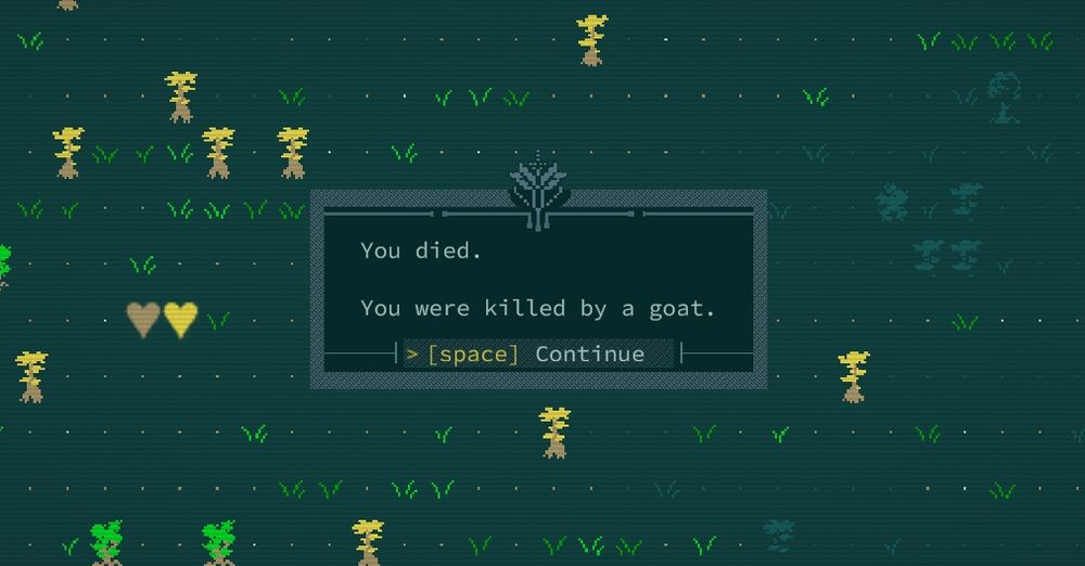 A screenshot from the game Caves of Qud. It is a popup with the text "You died. You were killed by a goat" 