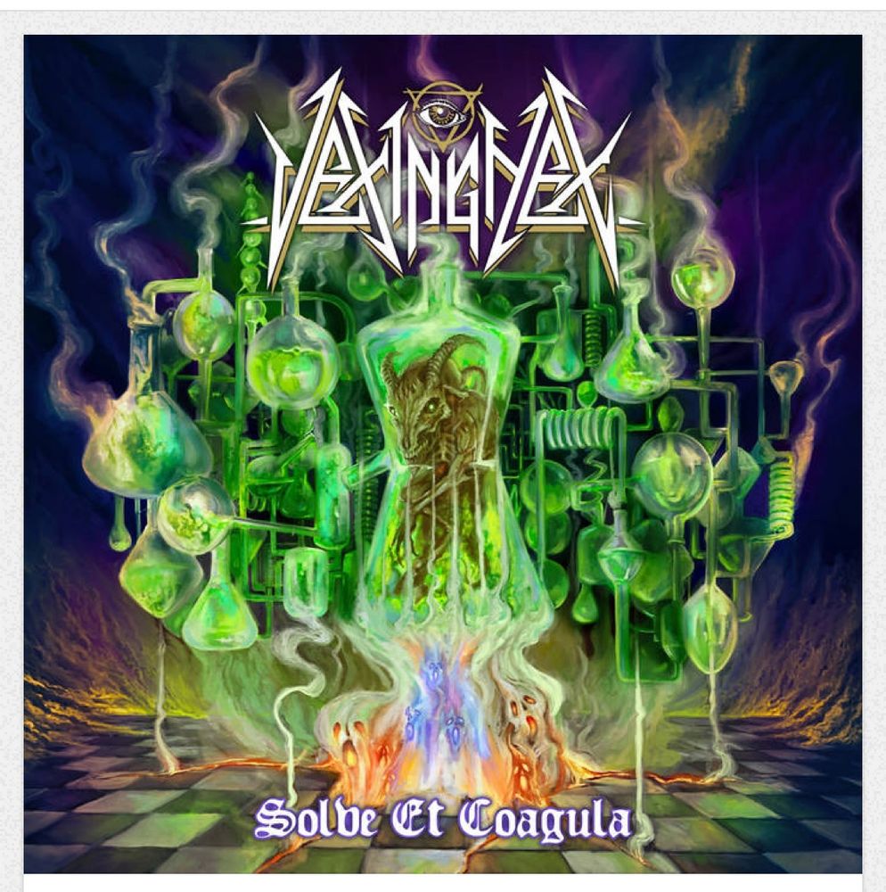 Album cover for Vexing Hex‘s Solve Et Coagula. Colours are mostly shades of green and purple with laboratory and skull imagery