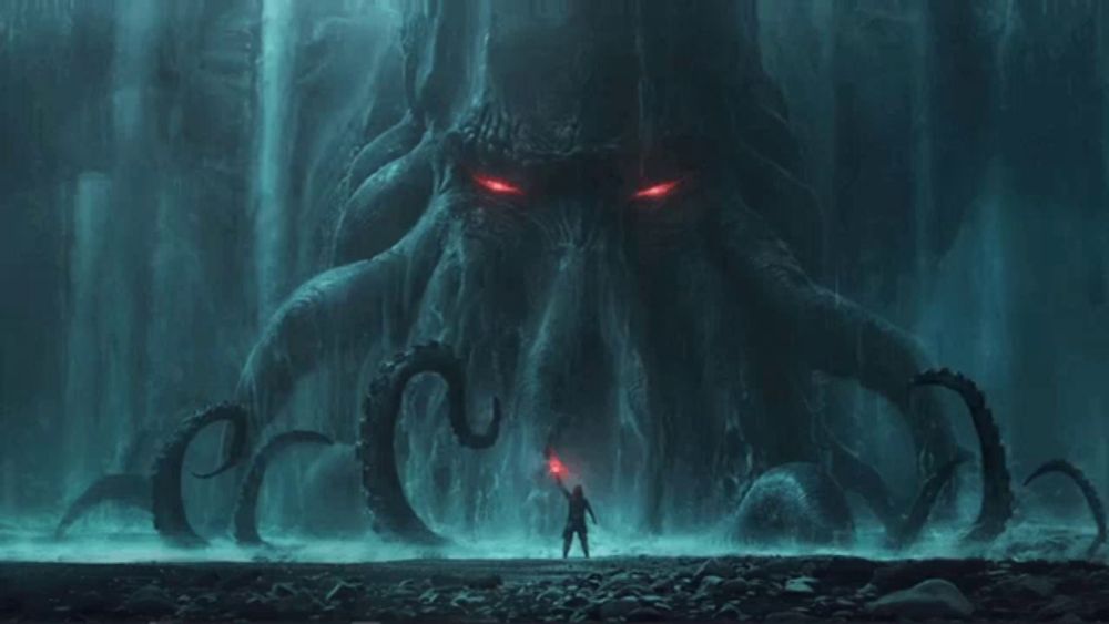 a man is standing in front of a giant octopus with red eyes